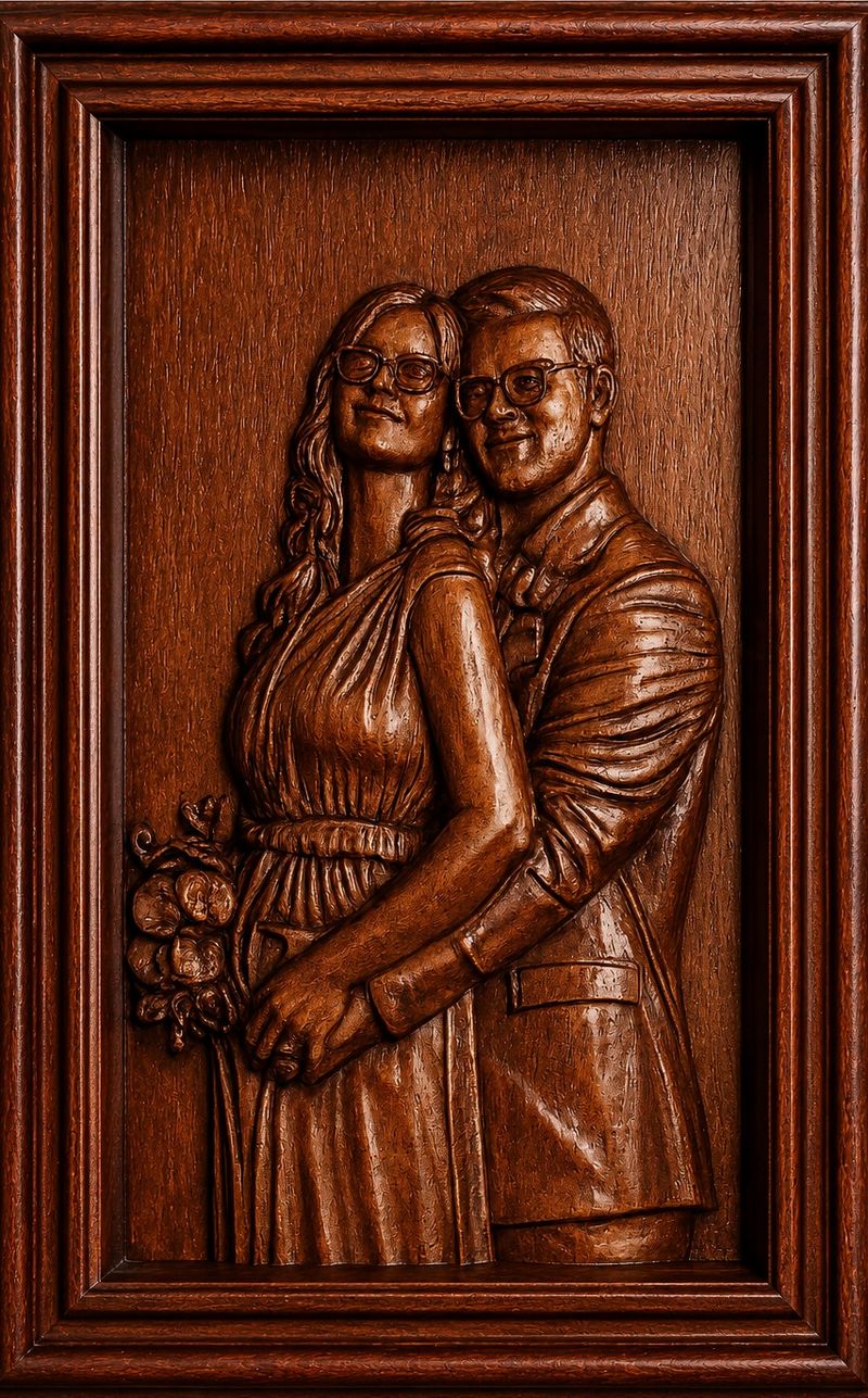 Relief eines Paares nach einem Hochzeitsfoto